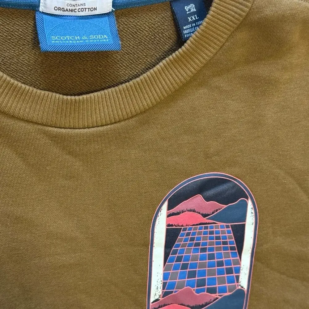 Scotch & Soda Organic Cotton Brown Graphic Crewneck Sweatshirt Men XXL 2XL